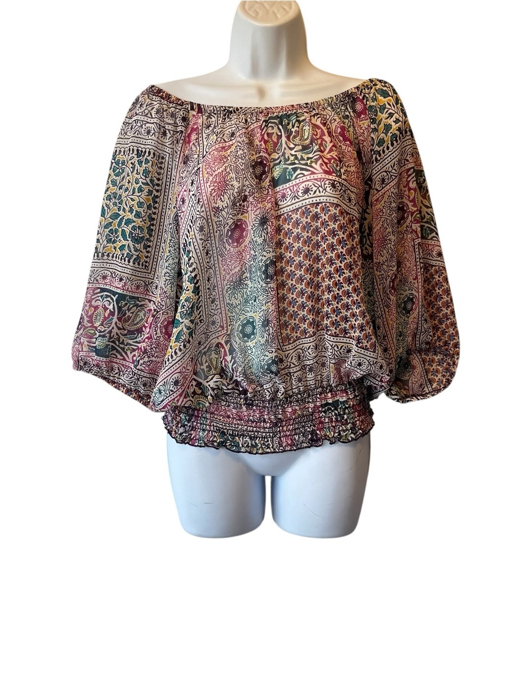 Torrid boho peasant blouse 0X Semi sheer Smocked waist Off the shoulder top